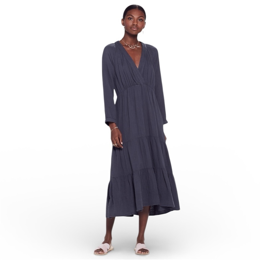 XIRENA | The Avalyn Dress Navy Gauzy Cotton Tiered Midi Length Lightweight Small